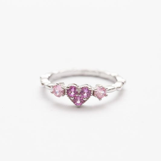 Bague en argent rhodie tendance - cœur rose