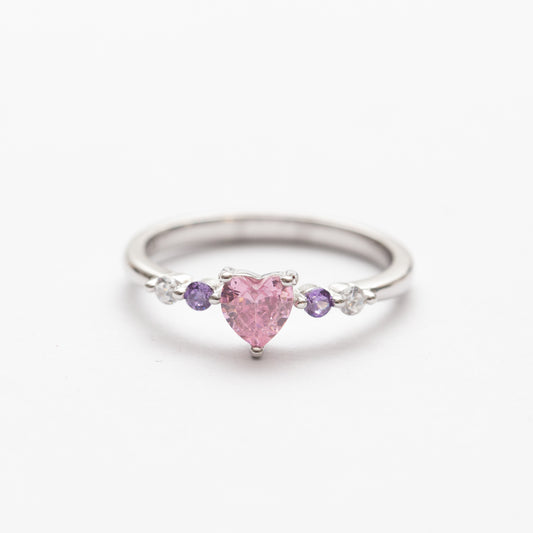 Bague en argent rhodie tendance - cœur rose