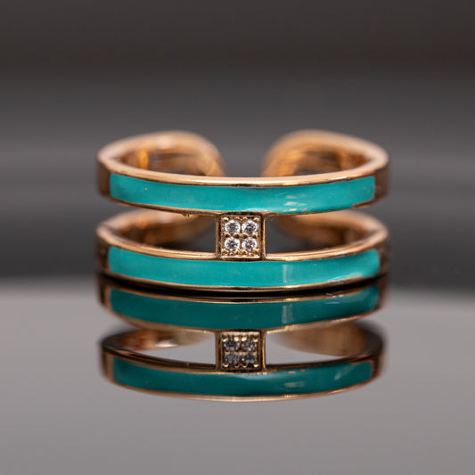 Bague acier dorƩe simple avec 2 bandelettes vertes tendance