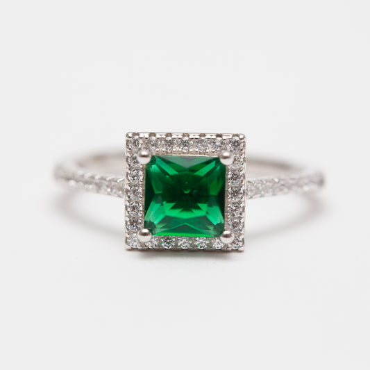 Bague Argent Rhodié tendance avec motif vert