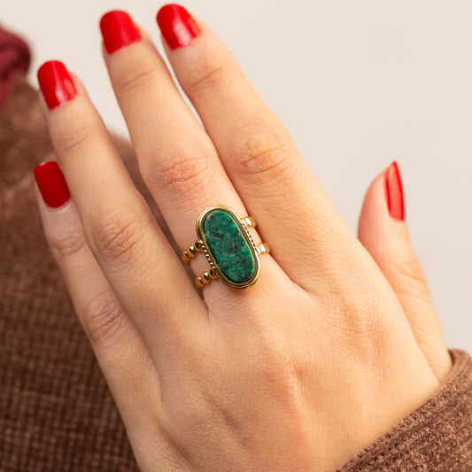 Bague élégante en acier avec véritable pierre Malachite
