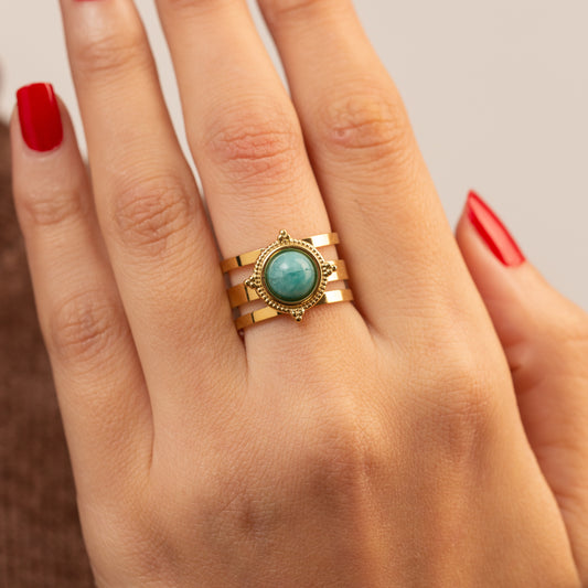 Bague élégante en acier avec pierre Amazonite