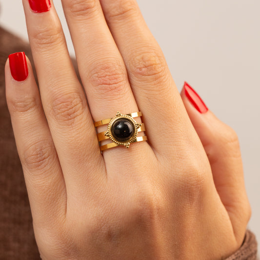 Bague élégante en acier avec pierre Obsidiane Noire