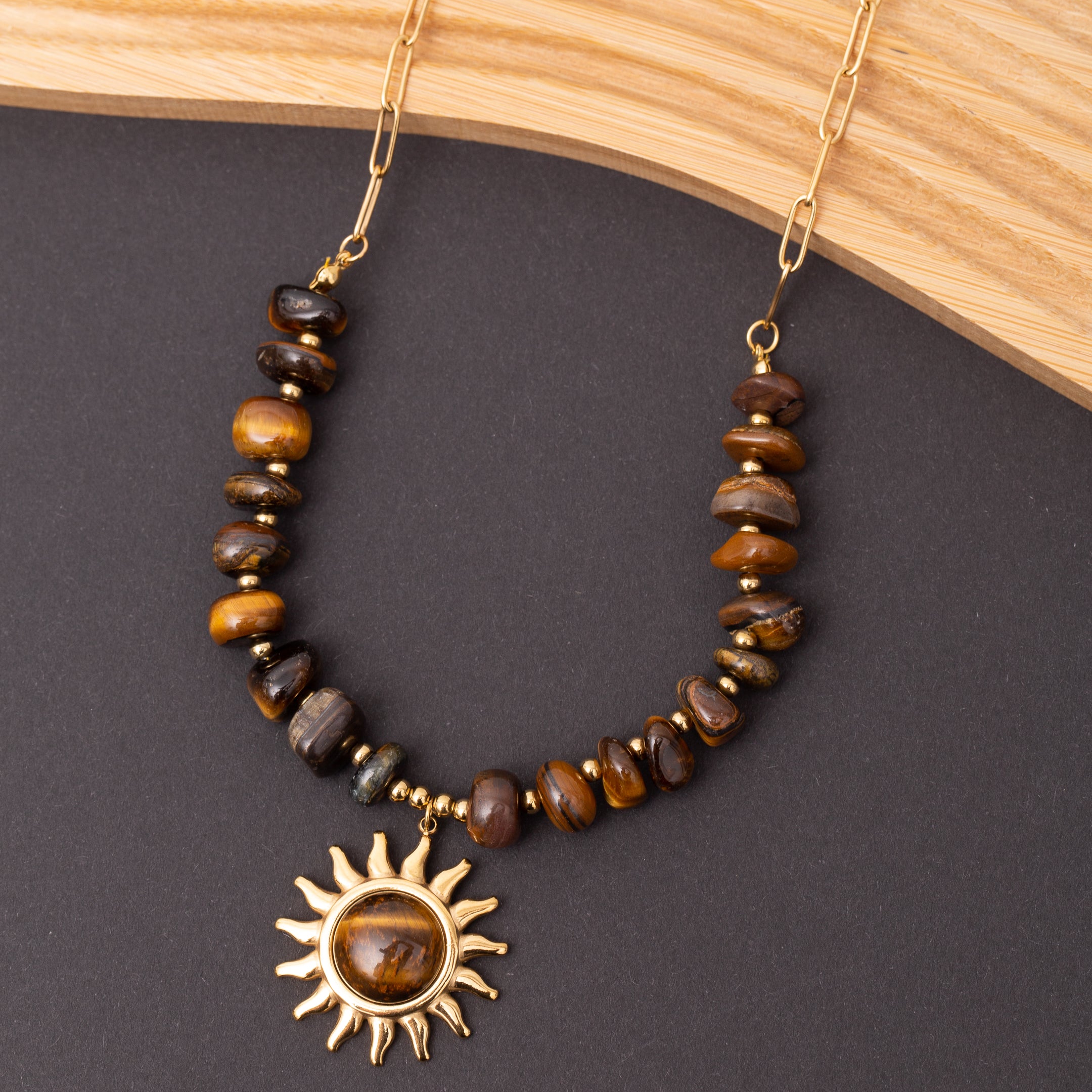 Collier en acier marron pierre œil du tigre