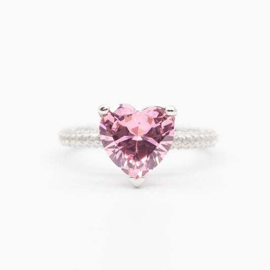 Bague argent rhodié tendance cœur rose (Pink Heart)