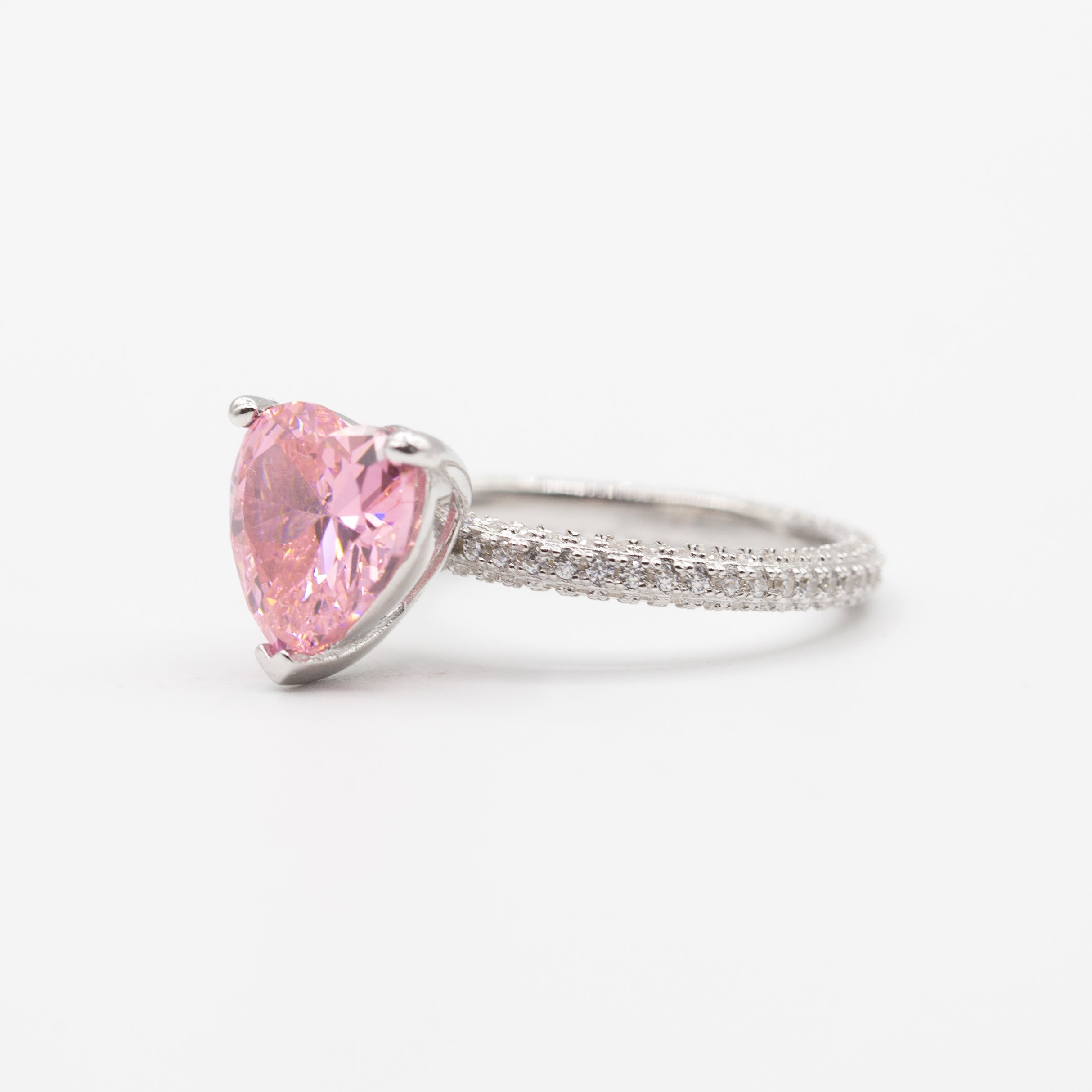 Bague argent rhodié tendance cœur rose (Pink Heart)