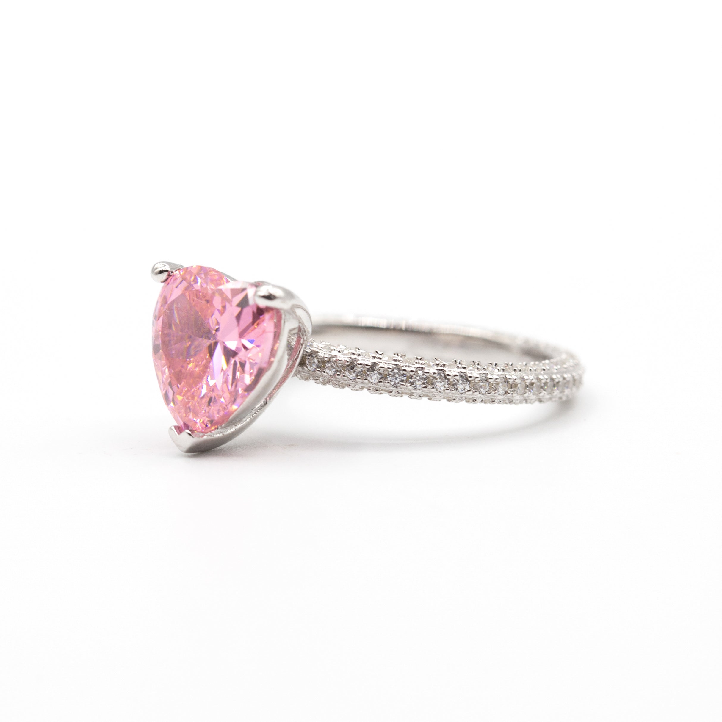 Bague argent rhodié tendance cœur rose (Pink Heart)