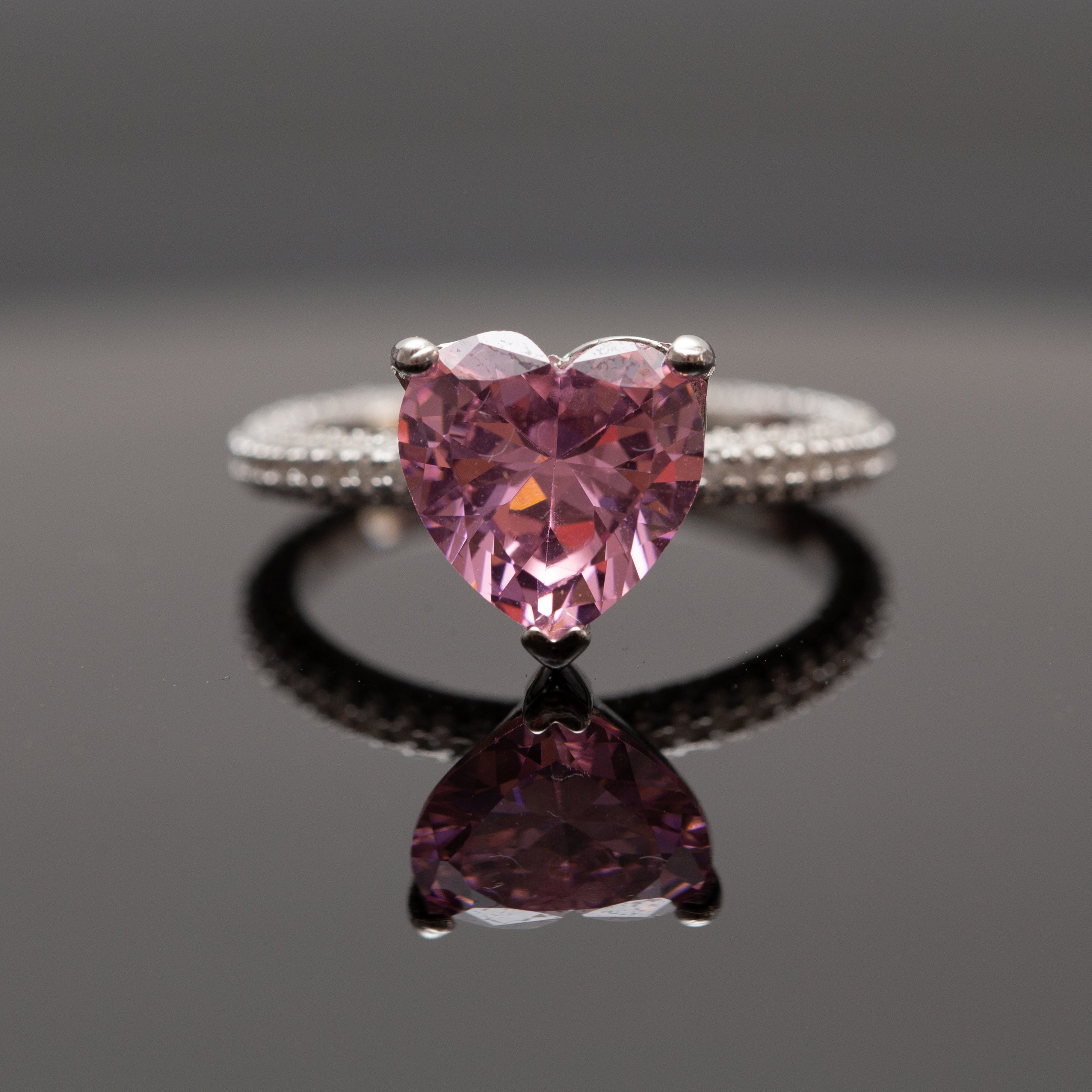 Bague argent rhodié tendance cœur rose (Pink Heart)