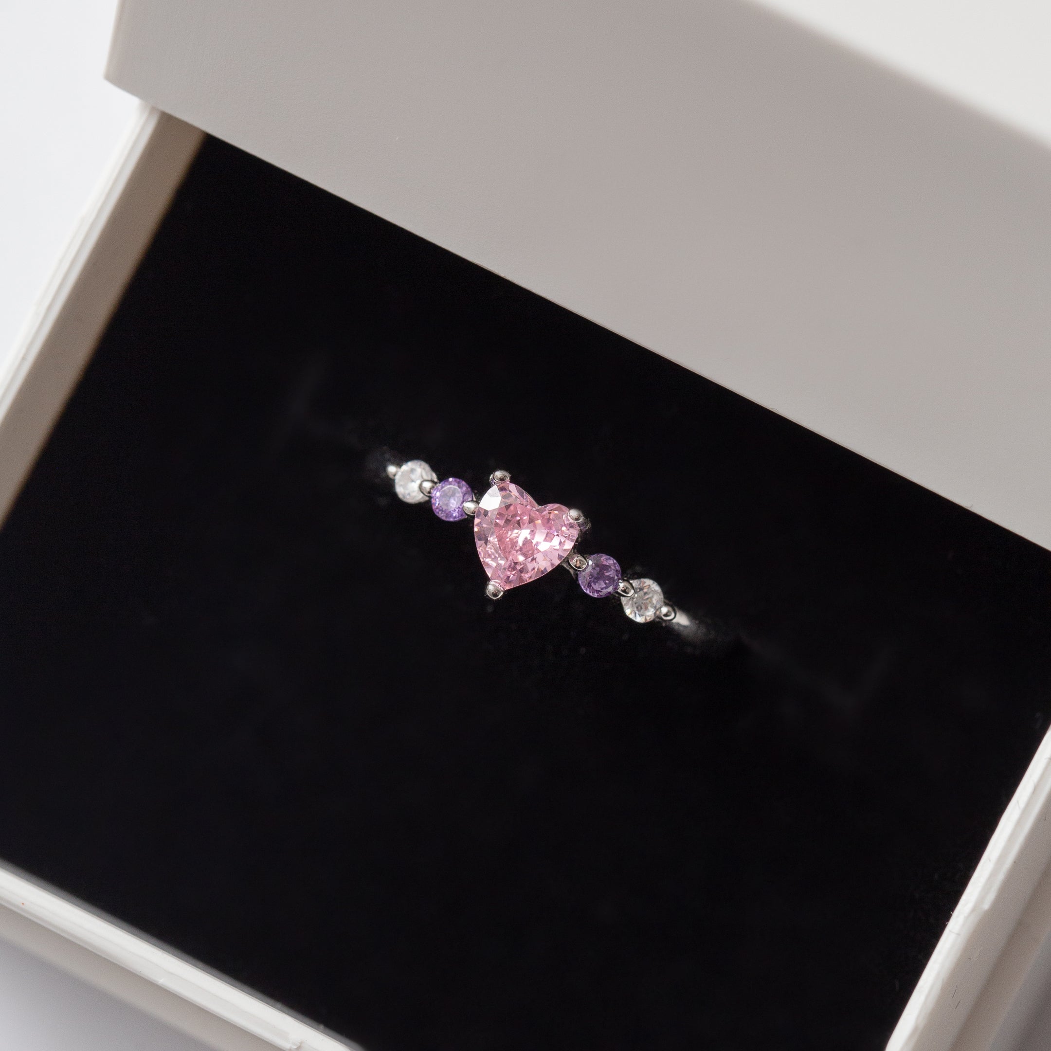 Bague en argent rhodie tendance - cœur rose