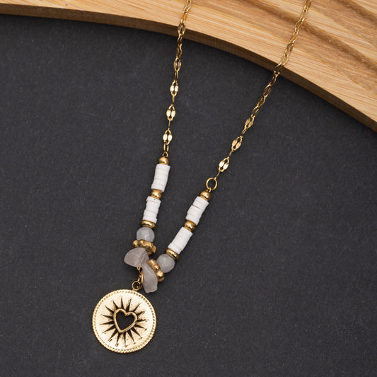 Collier Roséa En Acier Inoxydable garanti - Pierre Jade Blanche