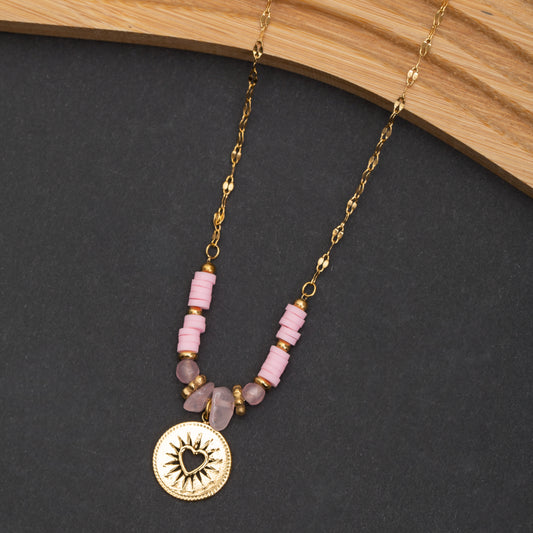 Collier Roséa En Acier Inoxydable garanti - Pierre Quartz Rose