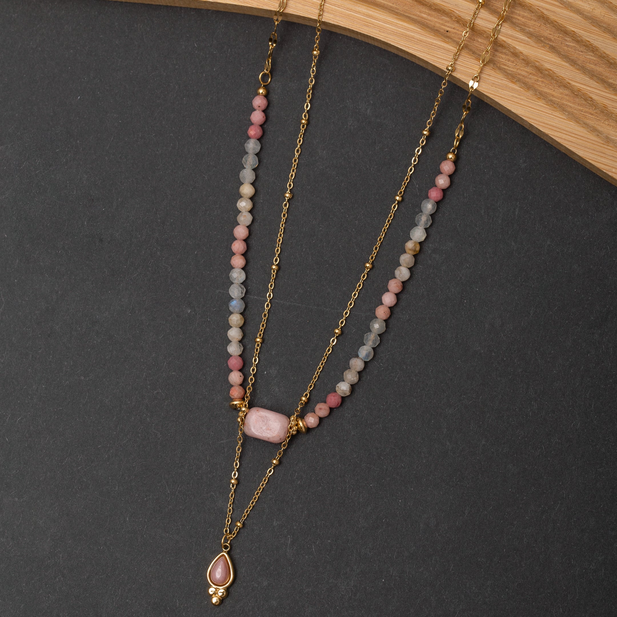 Collier Roséa En Acier Inoxydable garanti - Pierre Rhodonite & Labradorite