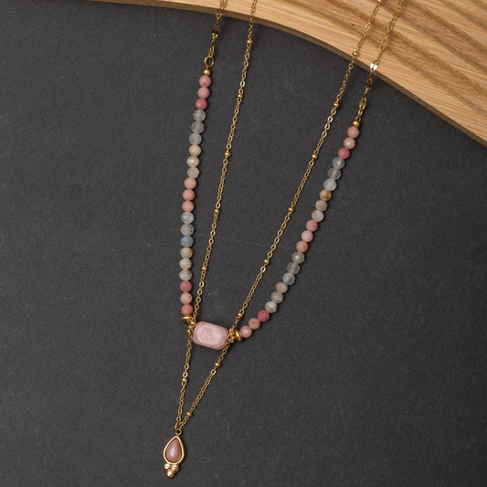 Collier Roséa En Acier Inoxydable garanti - Pierre Rhodonite & Labradorite