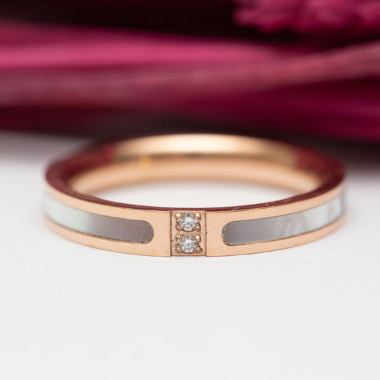 Bague acier garanti inoxydable anneau nacre 2 pierres rose gold
