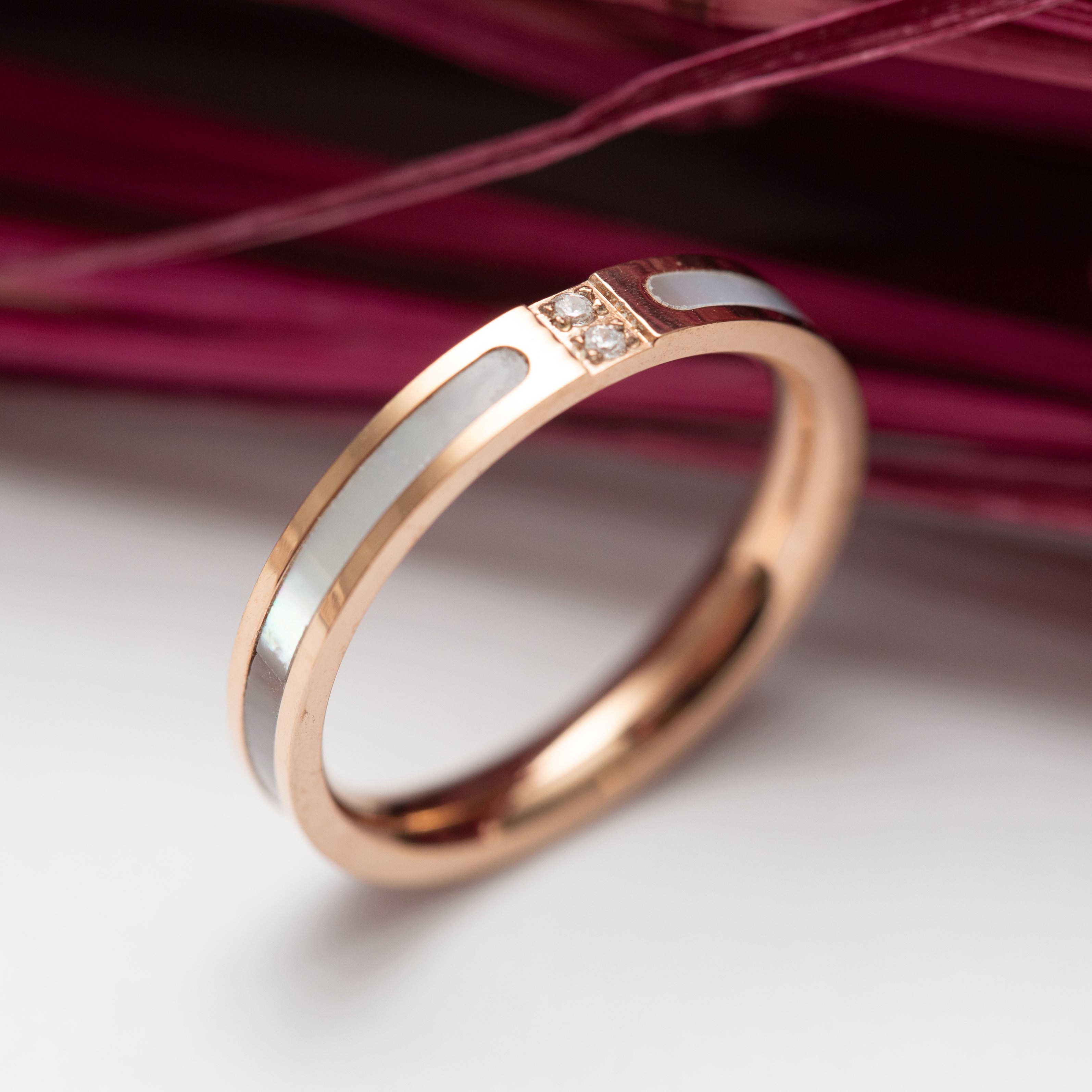 Bague acier garanti inoxydable anneau nacre 2 pierres rose gold