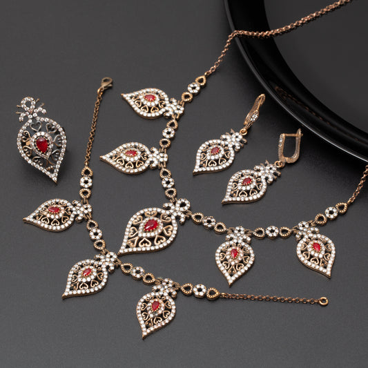 مجموعة من 4 قطع مجوهرات برونزية تقليدية من حجر اللوز الأحمر