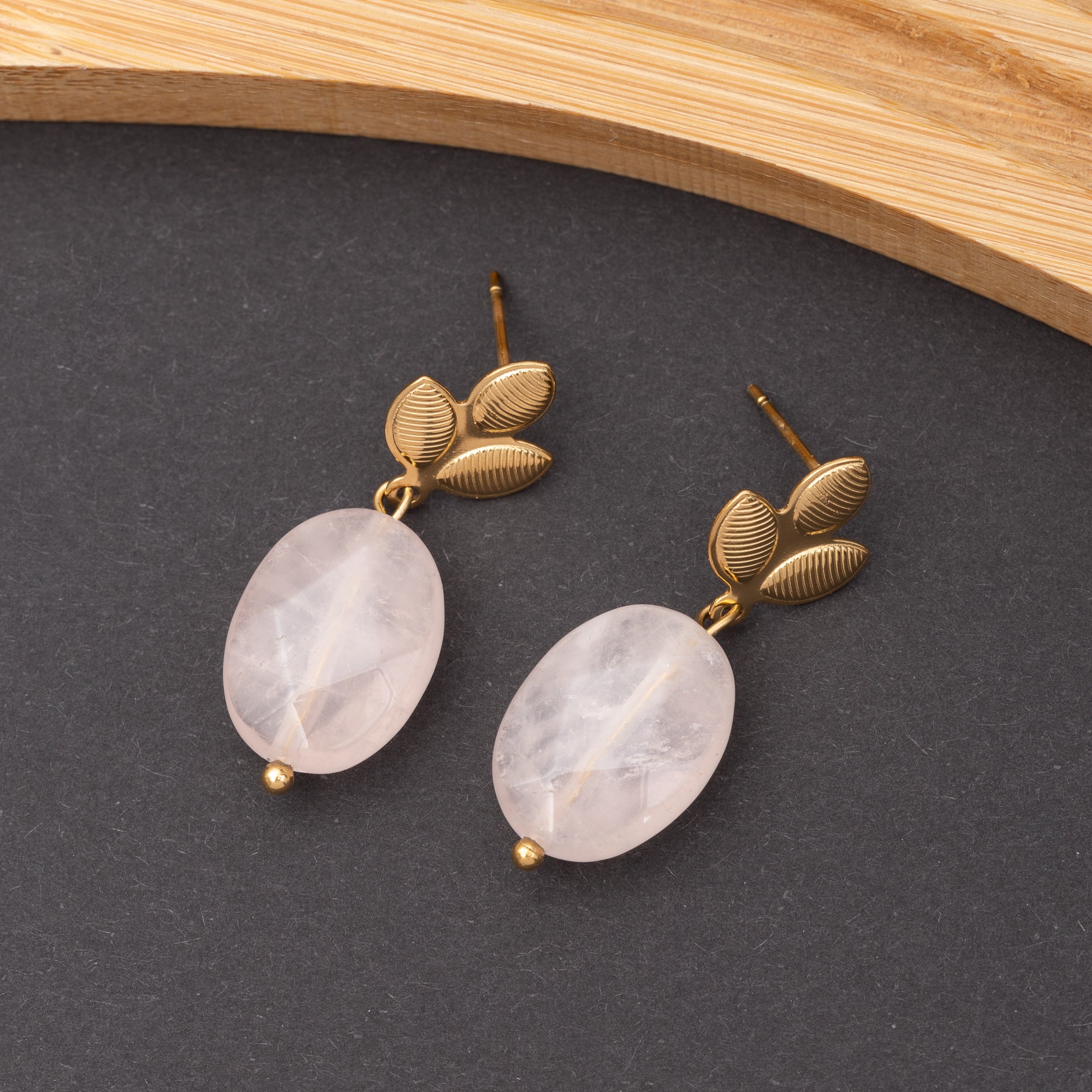 Boucles d'oreilles Pierre Quartz Rose en acier inoxydable