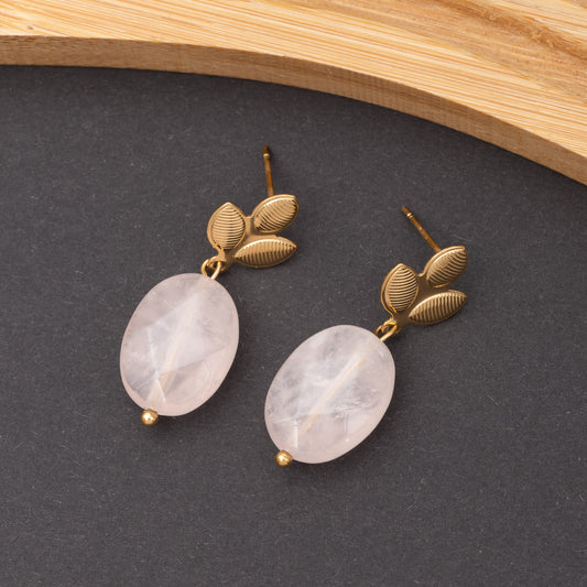 Boucles d'oreilles Pierre Quartz Rose en acier inoxydable