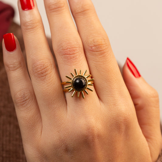 Bague élégante en acier avec pierre Obsidiane Noire