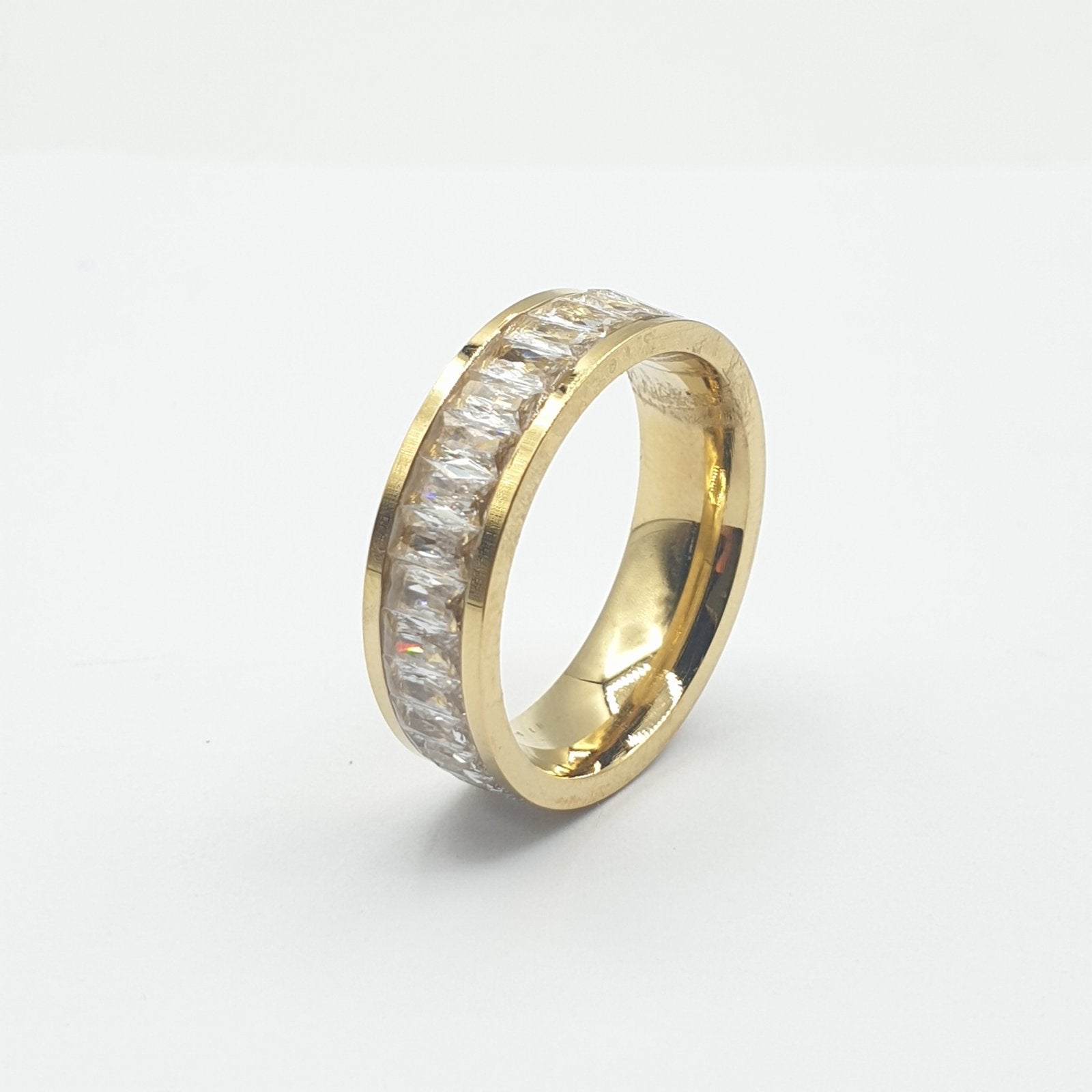 Bague acier garanti inoxydable pierre blanche anneau doré