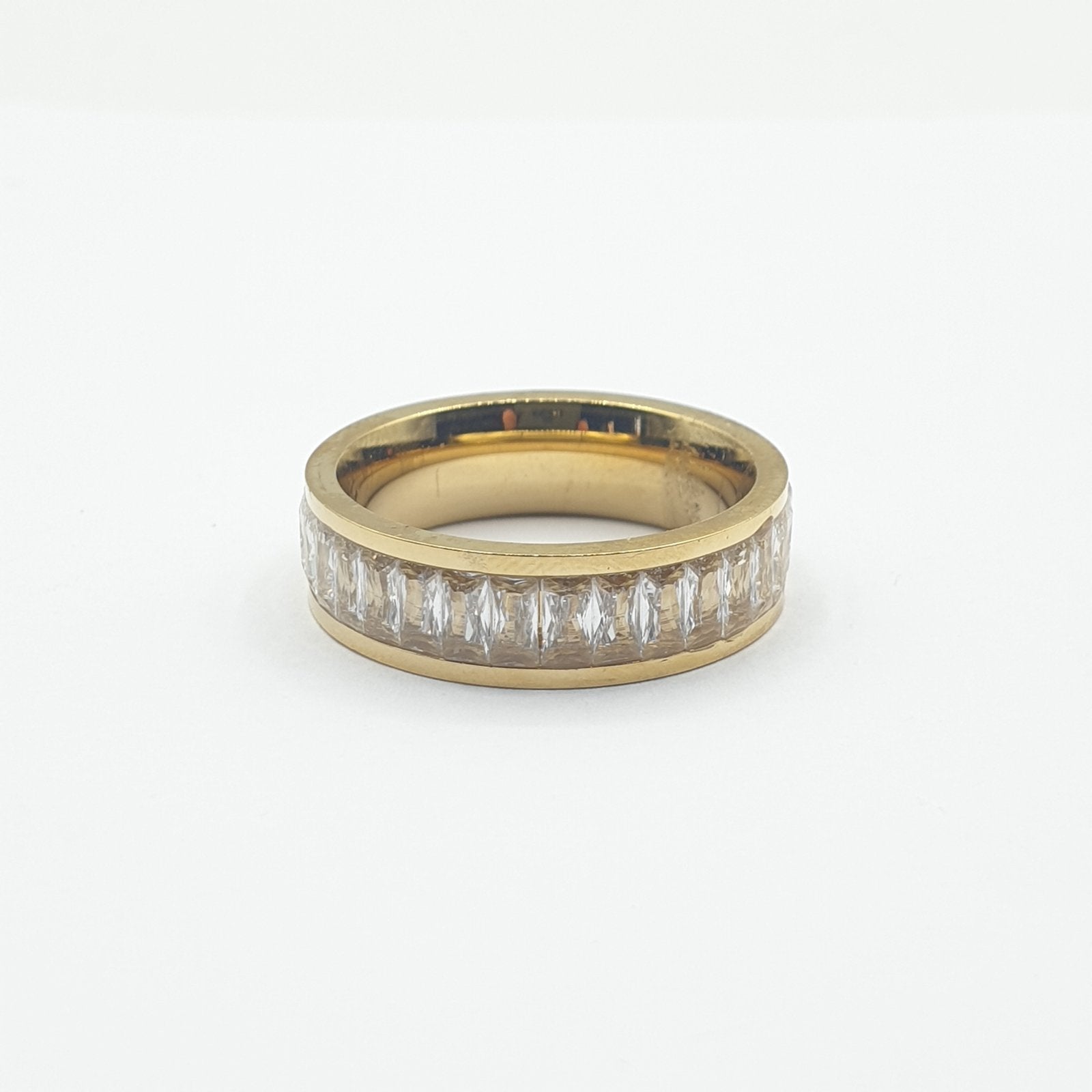 Bague acier garanti inoxydable pierre blanche anneau doré