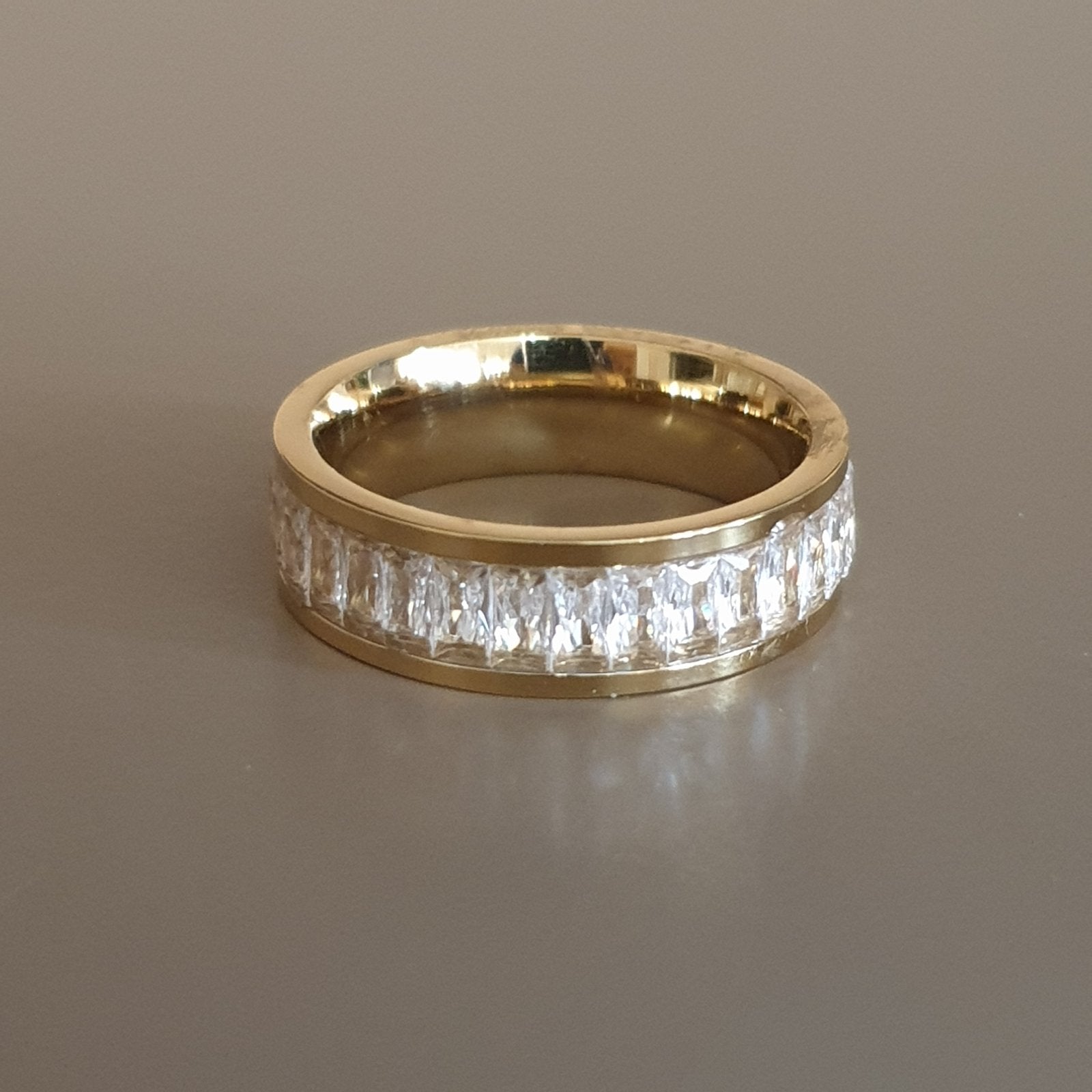 Bague acier garanti inoxydable pierre blanche anneau doré