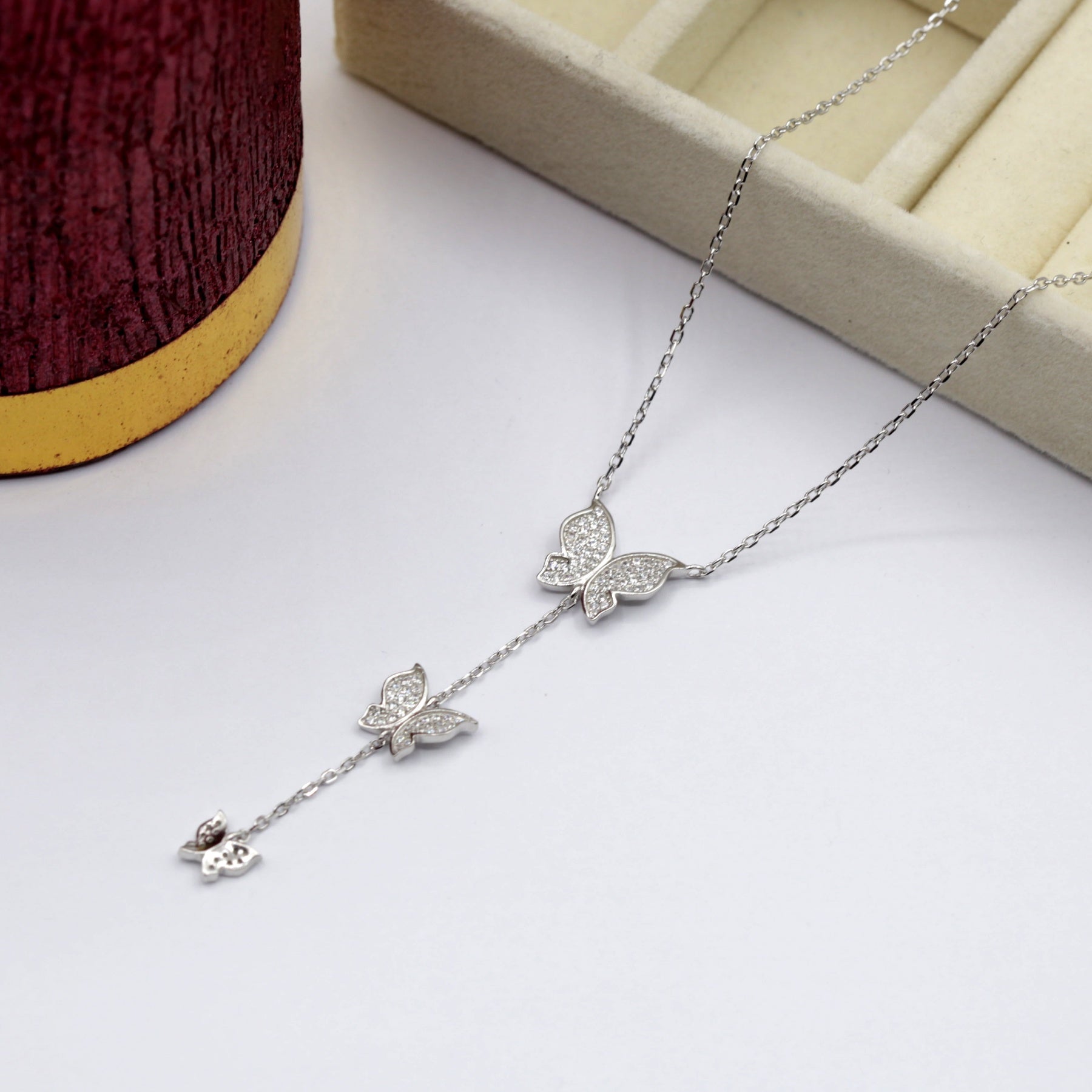 Collier argent Rhodié Garanti triple papillon New