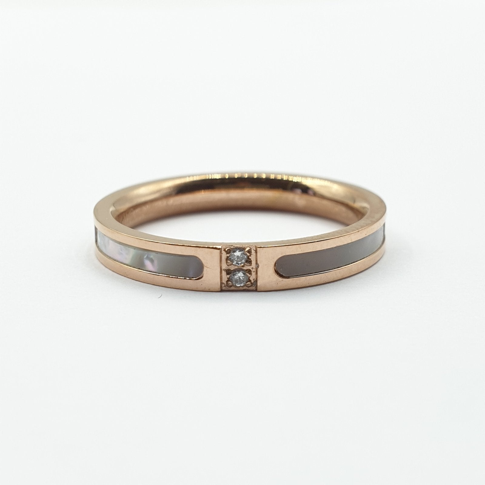 Bague acier garanti inoxydable anneau nacre 2 pierres rose gold