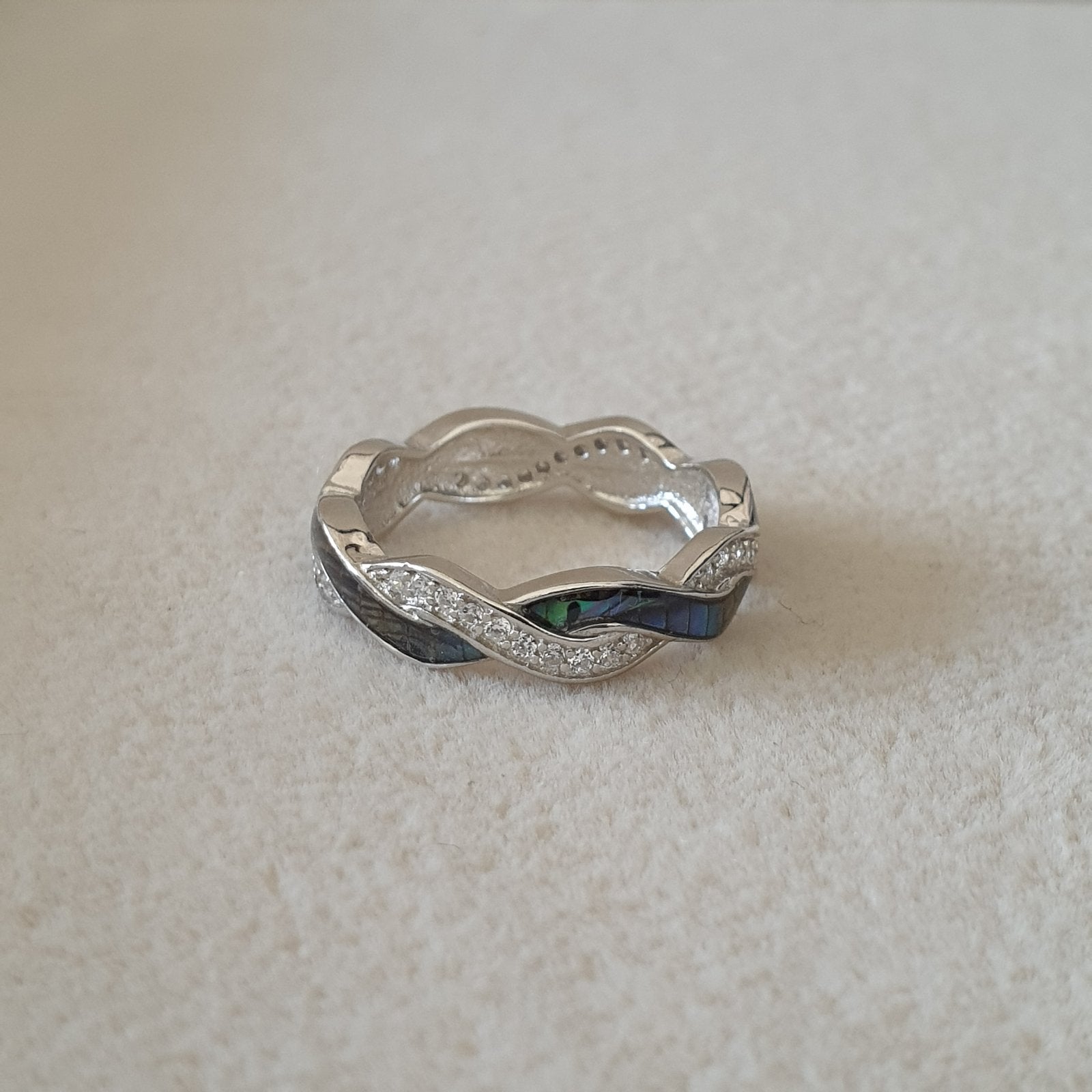 Bague Argent Rhodié garanti nacre vert torsadé