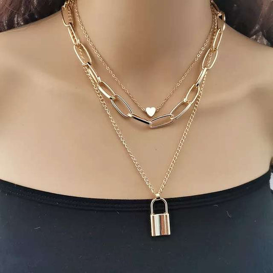 Collier acier garanti inoxydable 3 lignes cadenas cœur