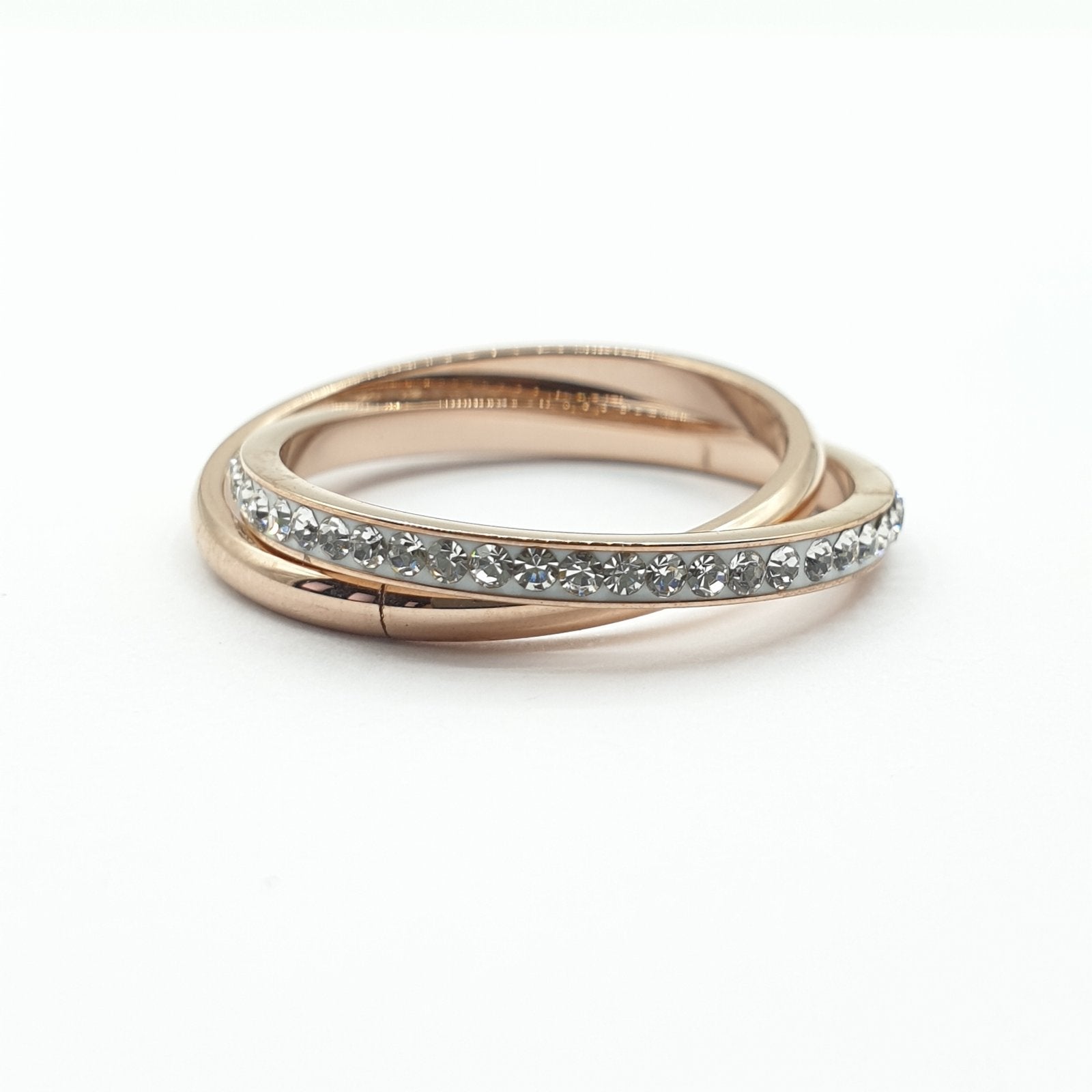 Bague acier garanti inoxydable double anneaux croisés avec pierre rose fold