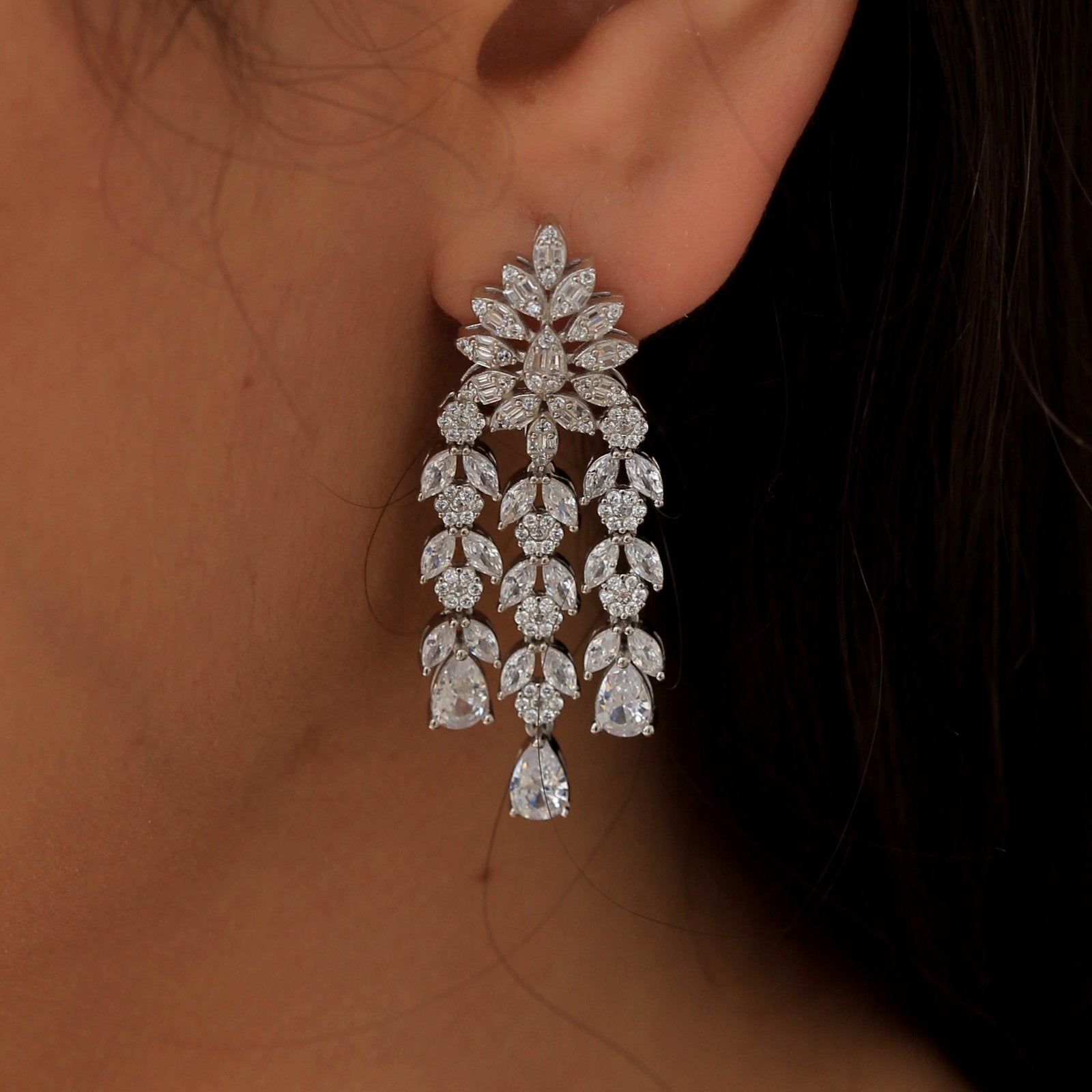 Boucle d'oreille Argent Rhodié Garanti soldeargent - 40% 3 lignes pendantes
